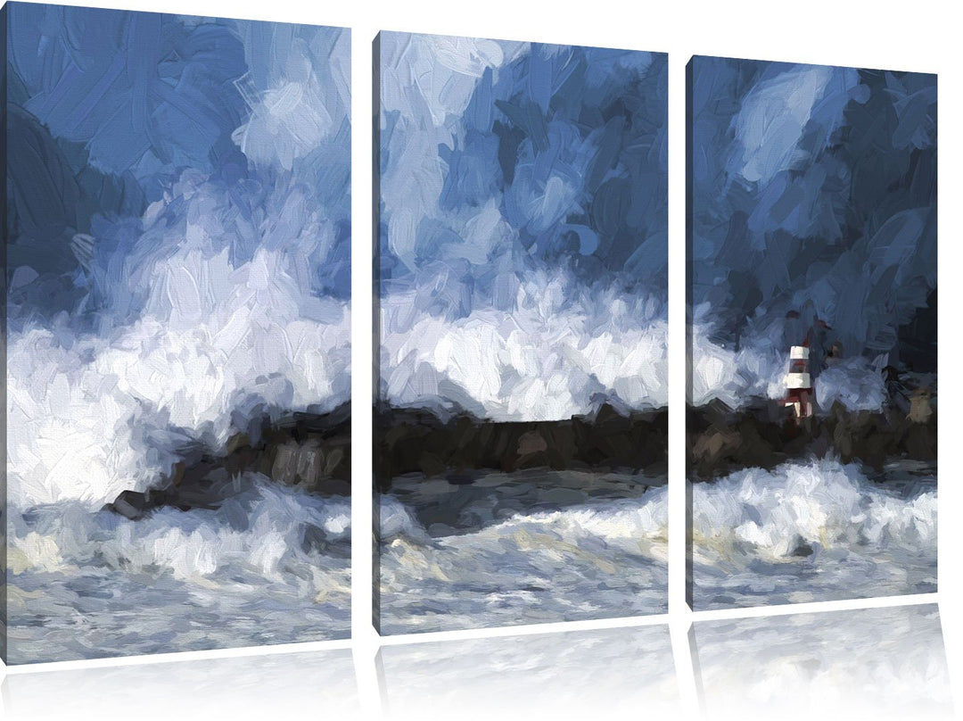 Pixxprint Tobendes Meer mit Leuchtturm als Leinwandbild | Grösse: 3 Teilig (120x80) | Wandbild| Kuns
