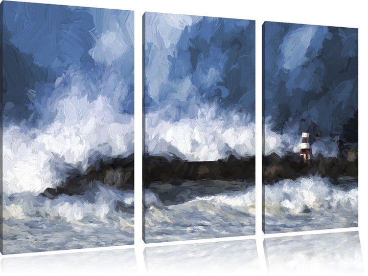 Pixxprint Tobendes Meer mit Leuchtturm als Leinwandbild | Grösse: 3 Teilig (120x80) | Wandbild| Kuns