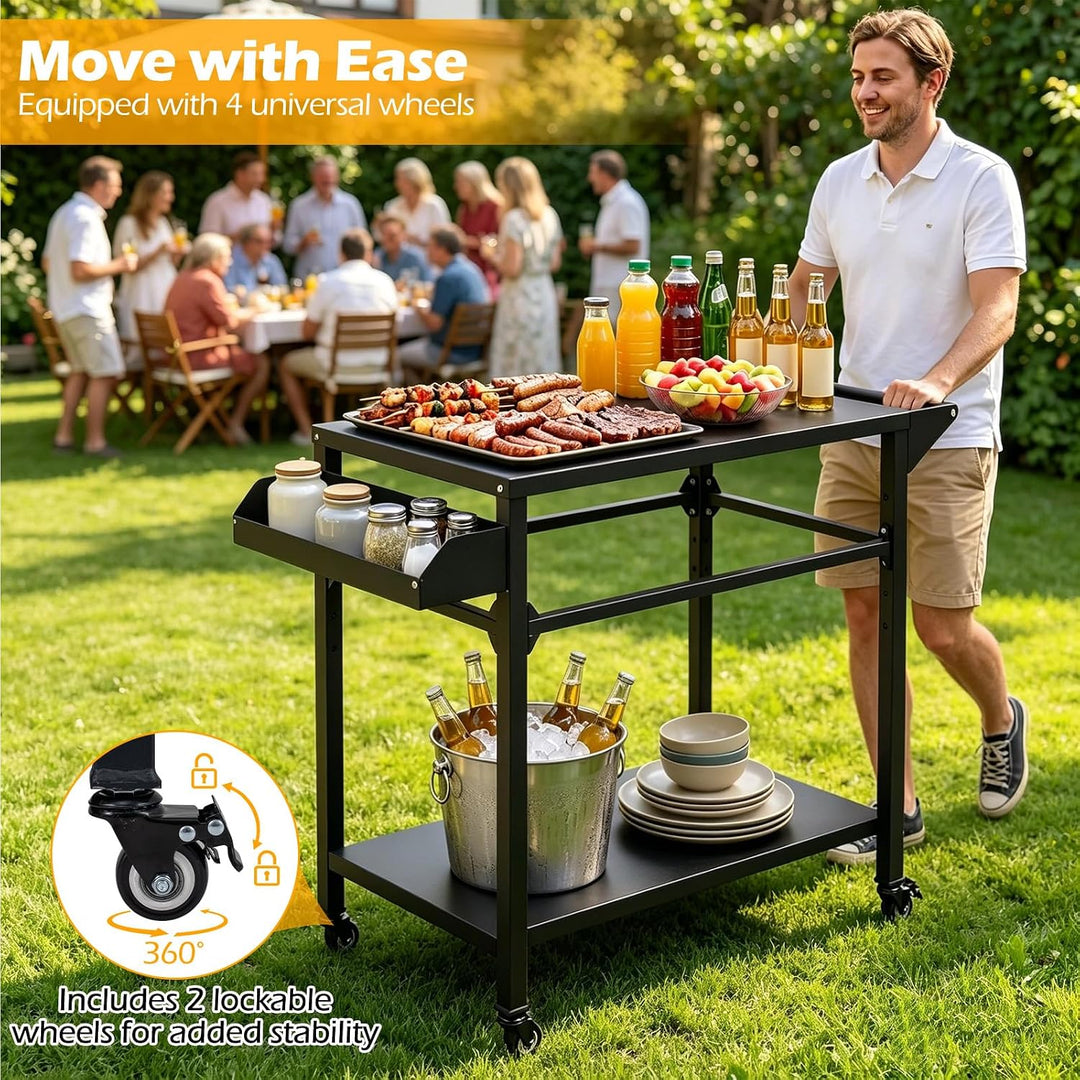 KOMFOTTEU Grillwagen mit 2 Ebenen, Gartenwagen mit Handtuchhalter &amp; Gewürzregal, Servierwagen für de