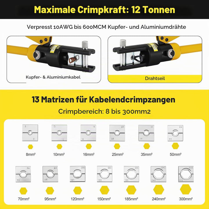 Faankiton 12 Tonnen Hydraulische Presszange Crimpzange, 8-300 mm² Kabelschuhe Zange Crimpzange, Hydr