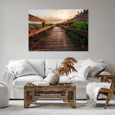 Bilder auf Leinwand 100x70cm Leinwandbild Fussgängerbrücke Meer Strand Ufer Gross Wanddeko Bild Schl