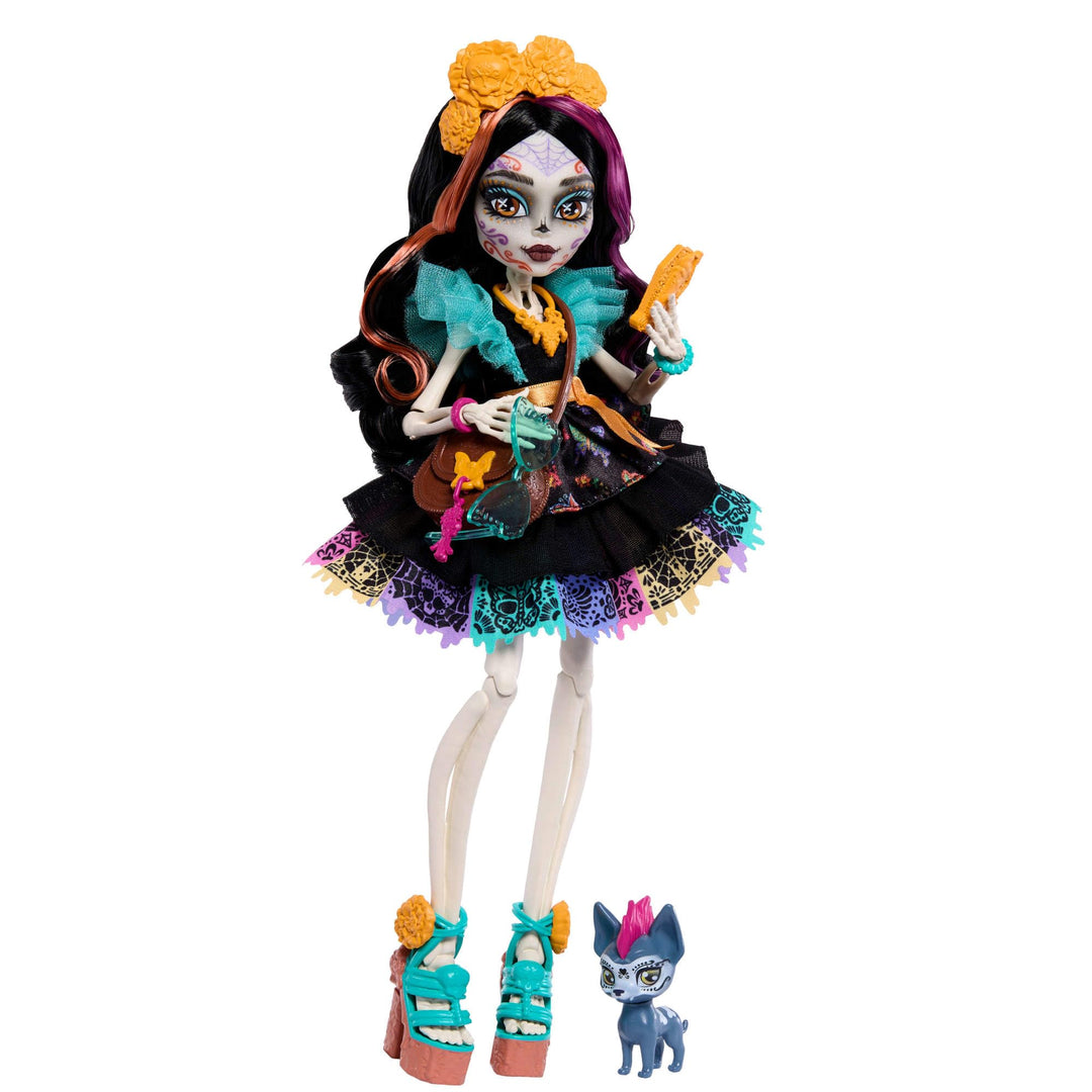 Monster High-Puppe Skelita Calaveras in farbenfrohem Papel-Picado-Kleid mit Hündchen Candelita und 7