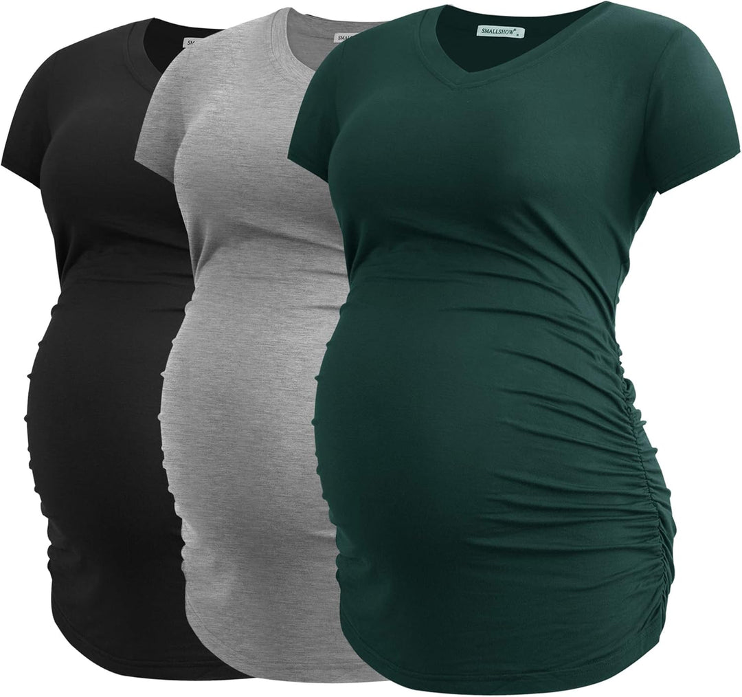 Smallshow Damen Umstandstop V Hals Schwangerschaft Seite Geraffte Umstandskleidung Tops T Shirt 3 Pa