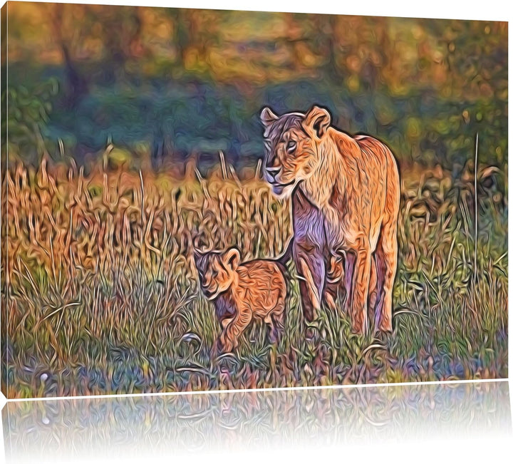 Löwenmutter mit Jungtieren Spezial Format: 100x70 cm auf Leinwand, XXL riesige Bilder fertig gerahmt