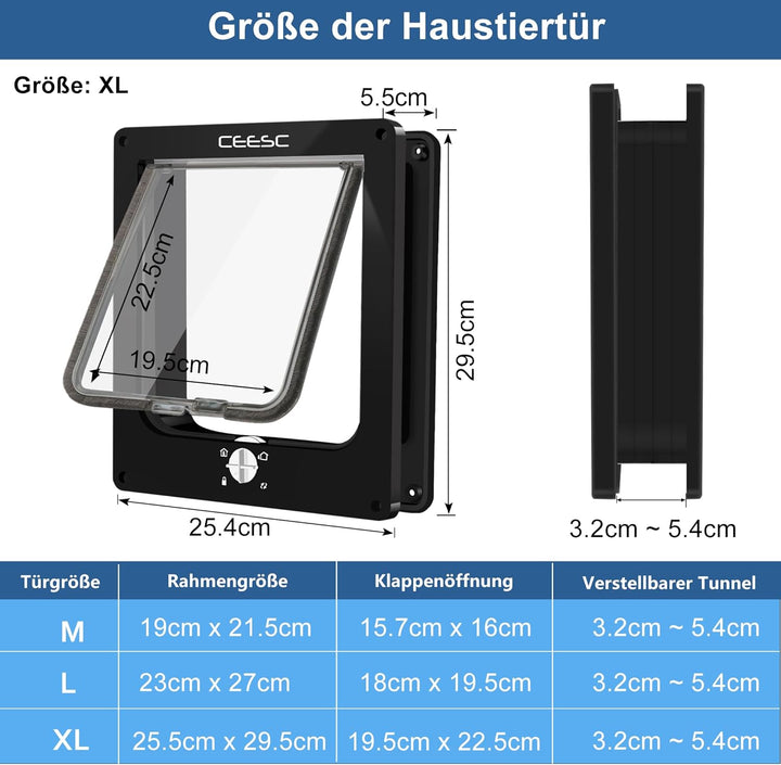 CEESC Grosse Katzenklappe (Aussengrösse 29,5 cm x 24,5 cm), drehbare 4-Wege-Verriegelungstür für Kat