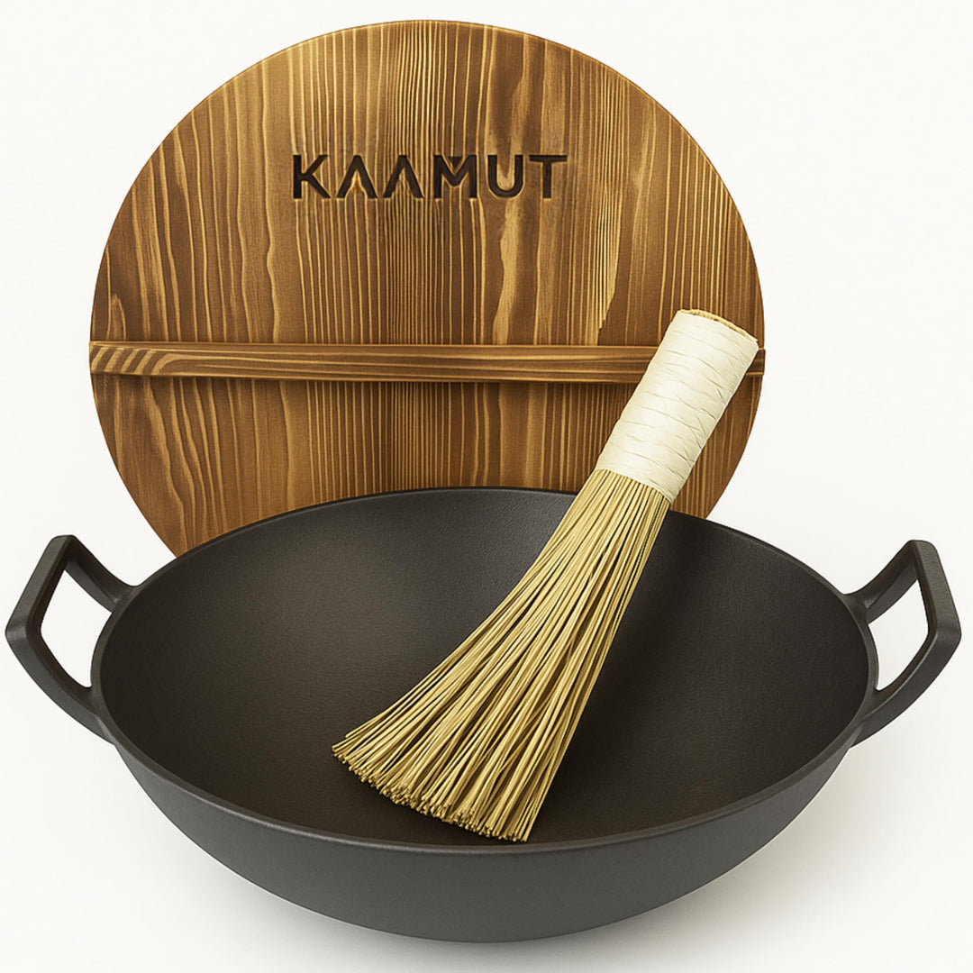 Wok Wadjan Professionell Ø36 aus Gusseisen – Mit Holzdeckel & Bambus-Wokbürste – Für alle Wärmequell