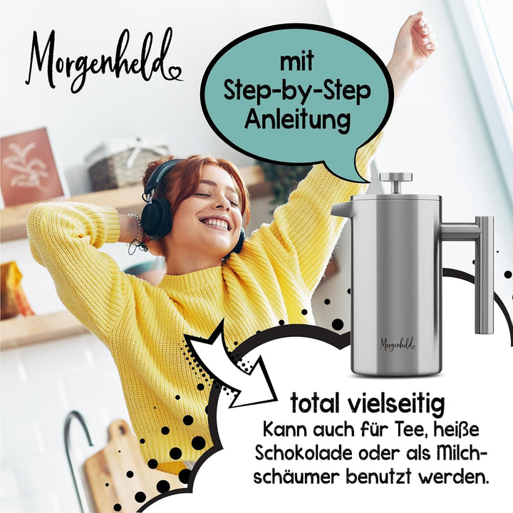 Premium French Press Edelstahl 1000 ml + 3 Ersatzfilter Stempelkanne isoliert Kaffeepresse 1l thermo
