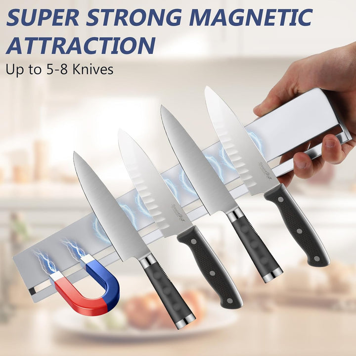 BigKing Magnetleiste Messer Mit 10 Haken, 40 cm Messerhalter Magnetisch Silber, Inklusive Klebeband