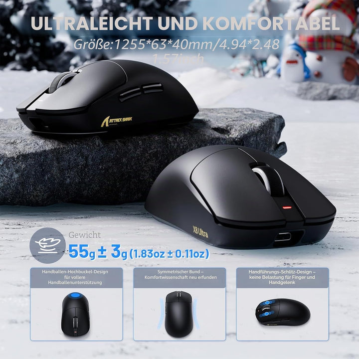 ATTACK SHARK X8 Ultra 8KHz Drahtlose Gaming-Maus, 55g Ultraleicht, Nordic52840, PAW3950MAX, 42KDPI,