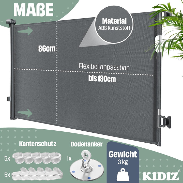 KIDIZ® Treppenschutzgitter Türschutzgitter ausziehbar 0-180CM | kindersicheres Treppengitter für Bab