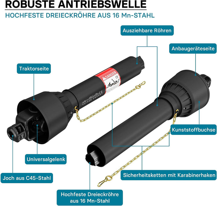 Wiltec Zapfwelle T2 Gelenkwelle 740-960mm 270Nm 540U/min, PTO-Shaft, 23kW (31PS), 2X 1 3/8" 6 Zähne