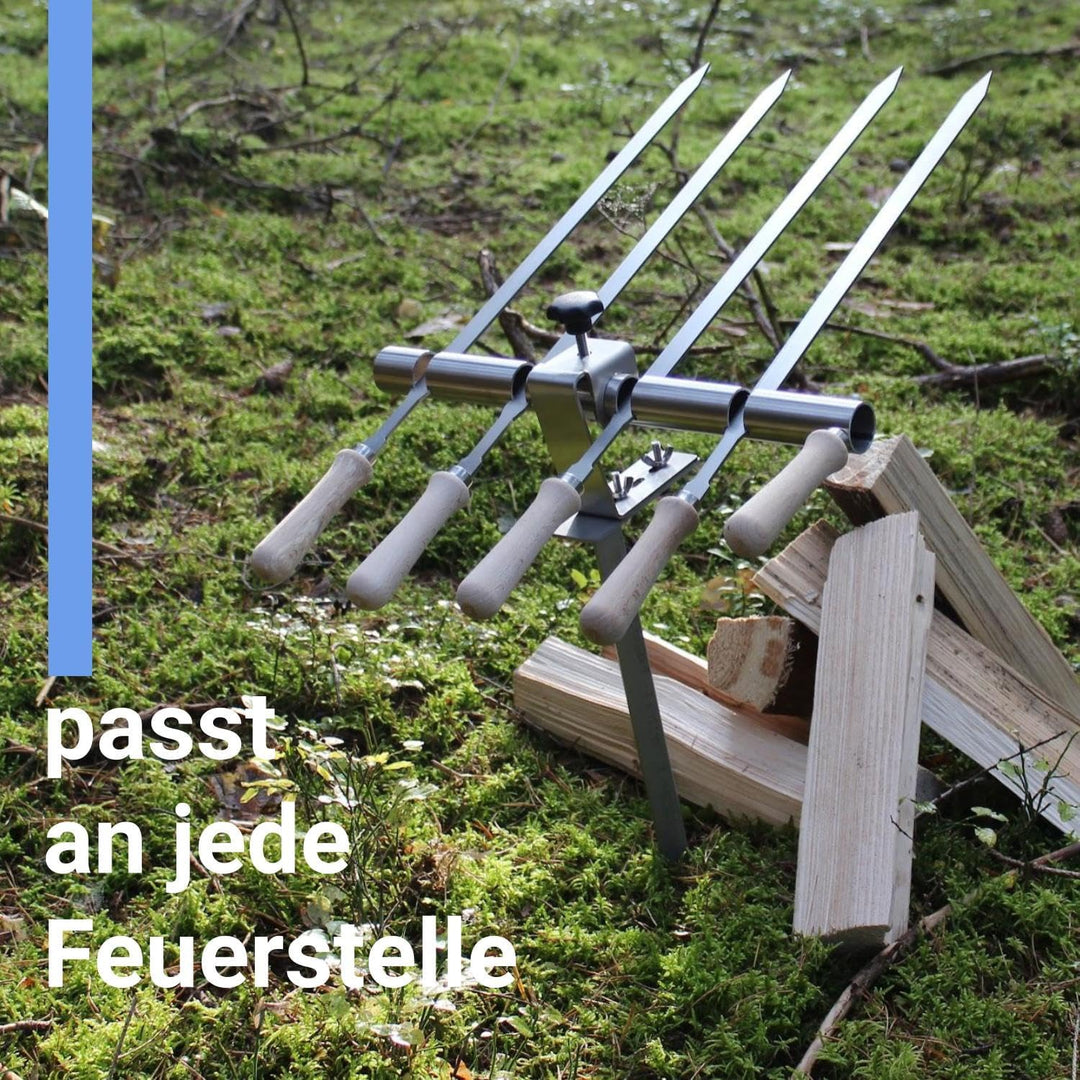 Premium Steckerlfisch Halter für Lagerfeuer - Platz für 4 Fische - Fisch Grill Spiesshalter für offe