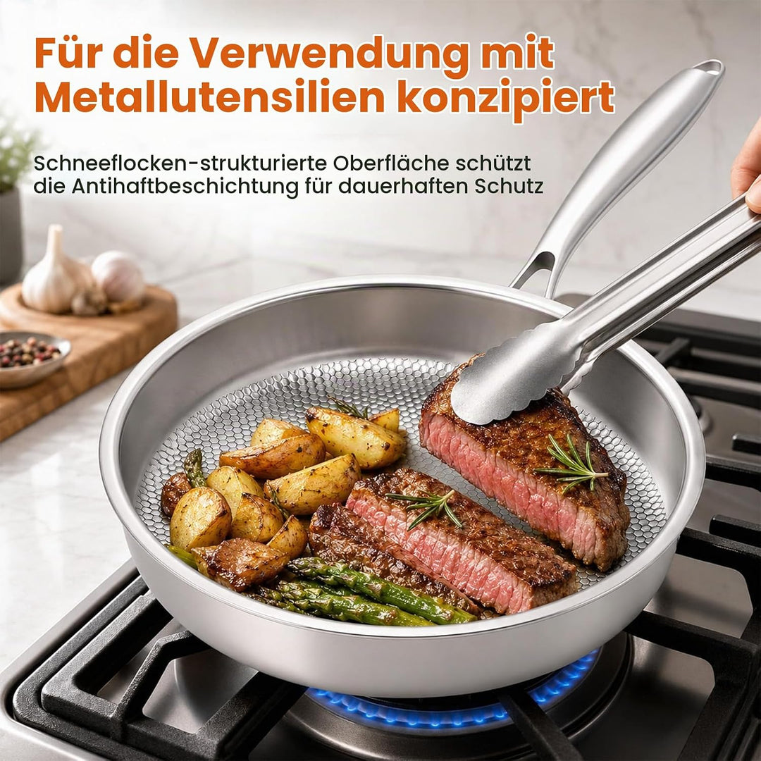 Titan Bratpfanne mit Deckel,Titanium Pan Uncoated, Pfannen aus Titan mit gehämmertem Muster zum Koch