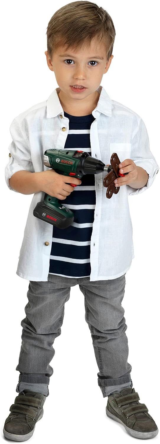 Theo Klein 8577 Bosch Bauarbeiter-Set I Akkuschrauber und Kettensäge mit Licht und Sound I Inkl. Zub