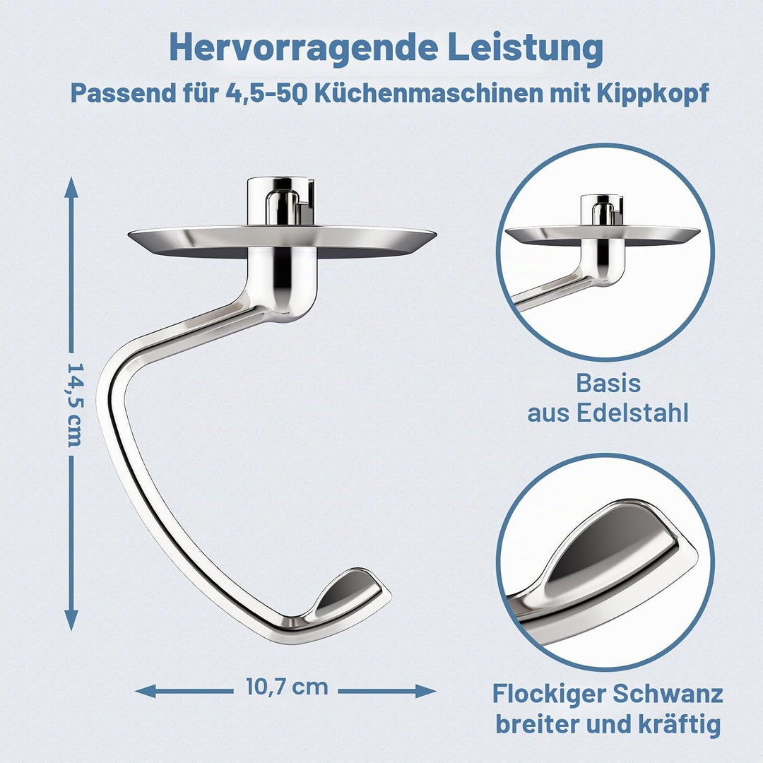 COFUN Edelstah Knethaken für KitchenAid Zubehör, passend für KitchenAid 4,5–5 Quart Kippkopf-Standmi