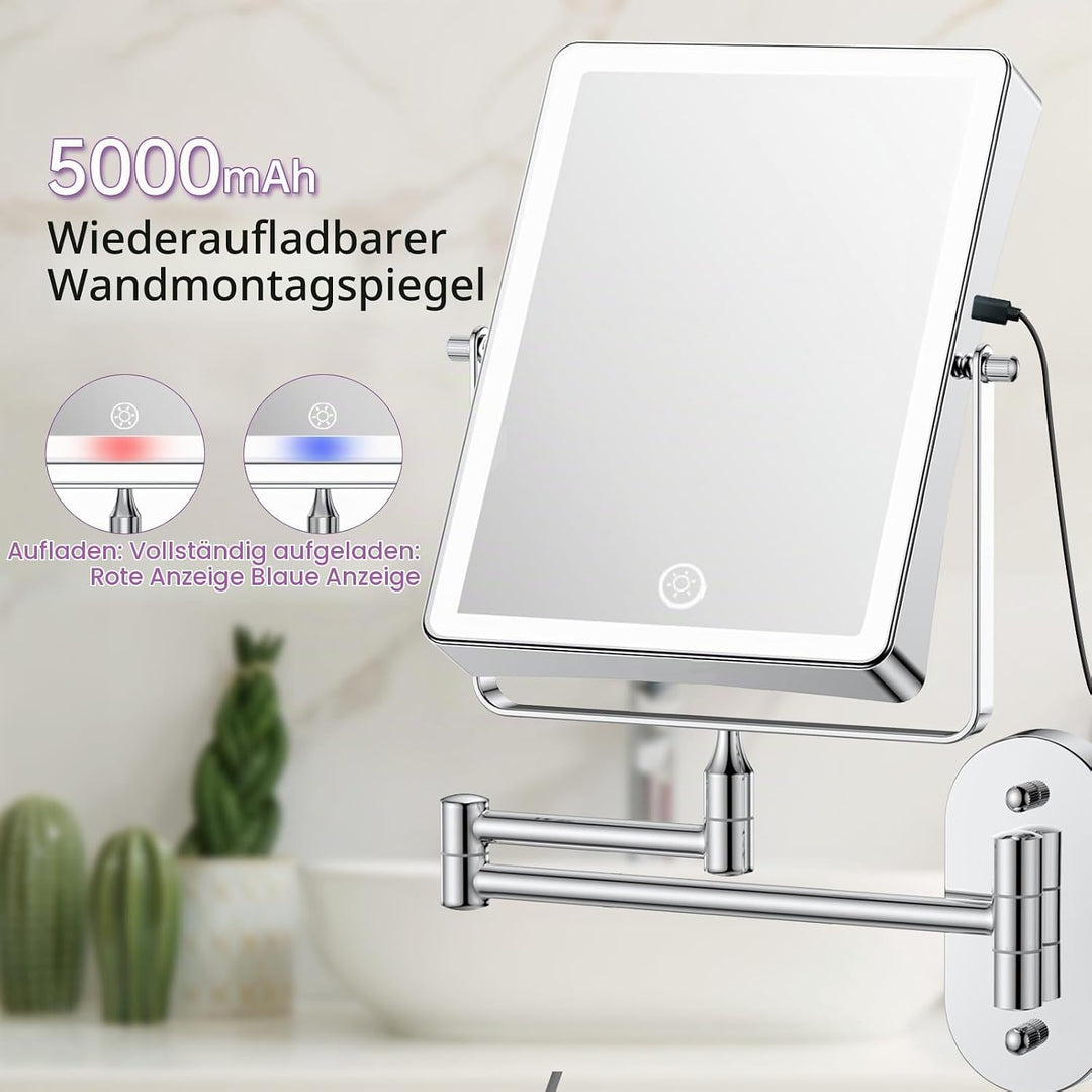 FASCINATE Wiederaufladbarer Kosmetikspiegel mit 1X/20X Vergrösserung, 3 dimmbare Lichtfarben, Touchs