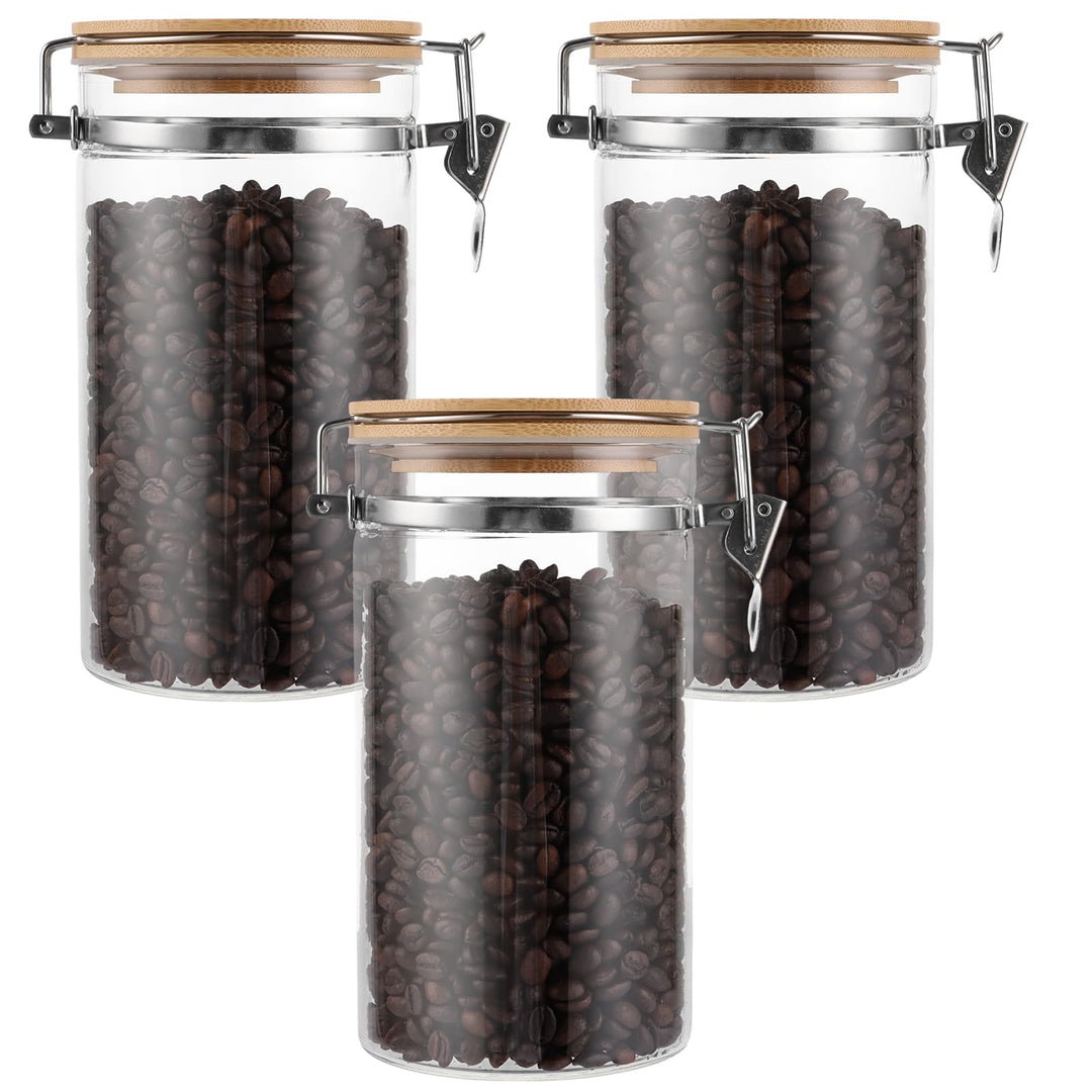 WOPPLXY 3er Set Kaffeebohnen Behälter mit Deckel, 1150ml Kaffeedose Luftdicht, Glas und Bambus Kaffe