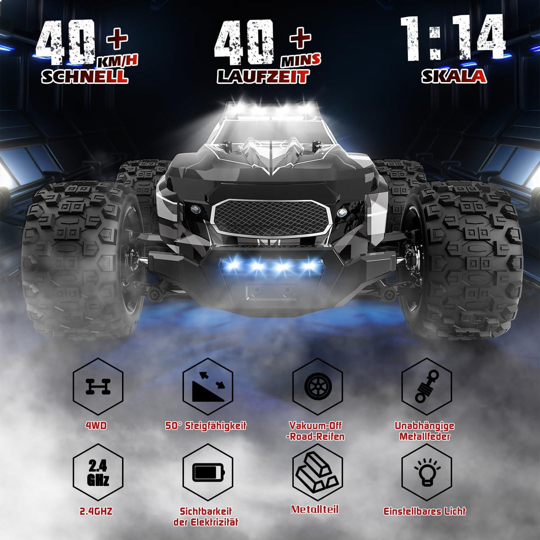 Ferngesteuertes Auto, 1/14 RC Auto mit 7 Farben Lichtern, 40KM/H Monstertruck Rc Truck, 2.4GHz Rc Au