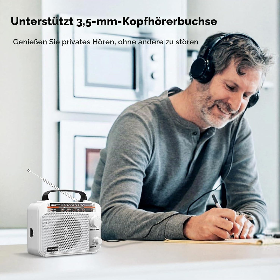 Audiocrazy UKW FM/AM/SW1-2 Radio Tragbares Radio Weltempfänger Radio mit 1800mAh Rechargeable Batter