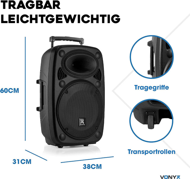 Vonyx Verve38 - Partybox Bluetooth Lautsprecher Gross, Akku, 12 Zoll, 800 Watt, Mobile PA Anlage Kom