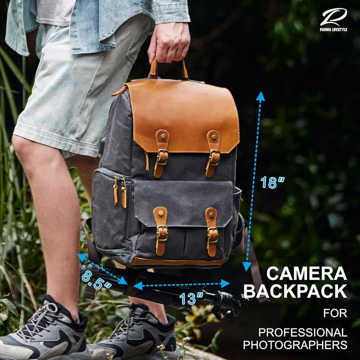 Padwa Lifestyle Schwarzer Grauer Kamerarucksack - Wetterfeste Kameratasche aus Gewachstem Memory Can