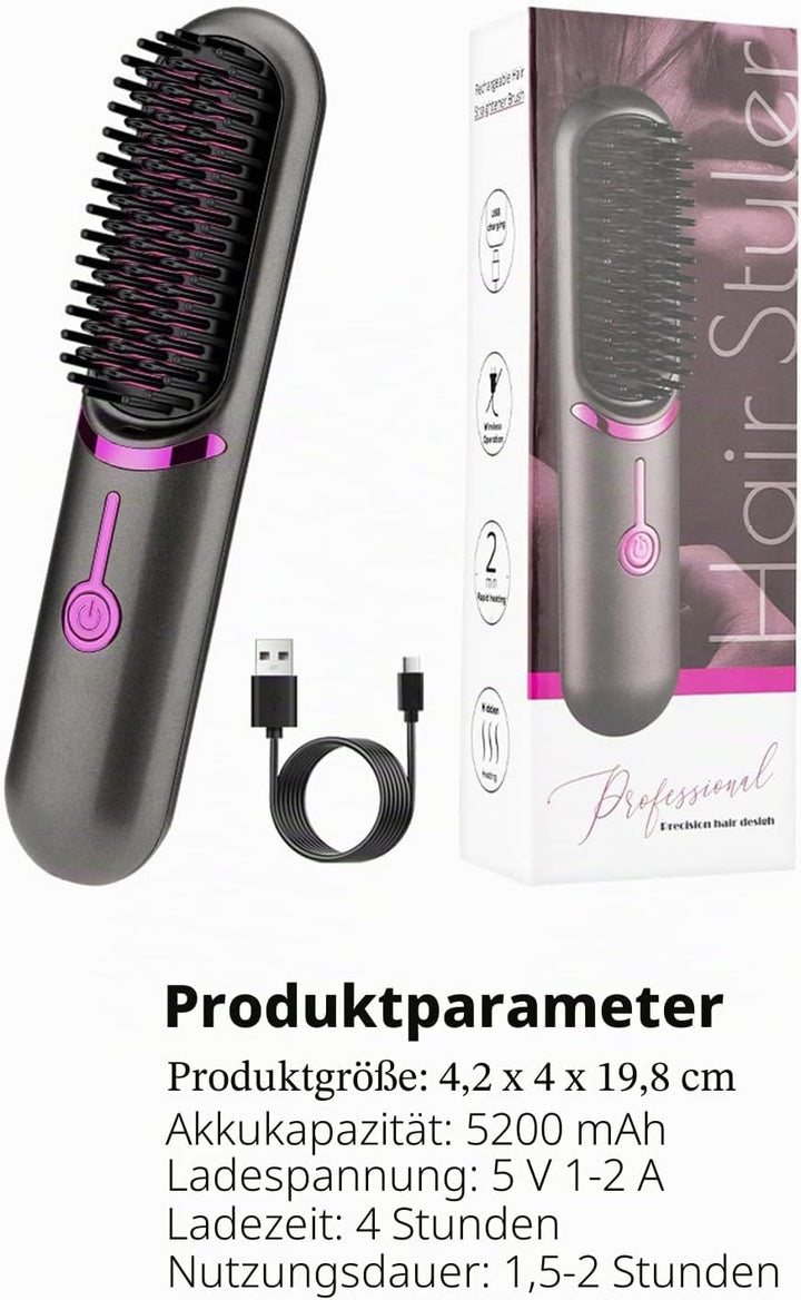 Glätteisenbürste, Kabelglätter für Damen und Herren, wiederaufladbar über USB, 5400 mAh, Ionen-Techn