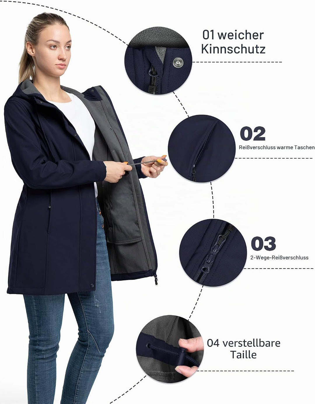33,000ft Damen Leichte Wasserdichte Softshell Regenjacke Lange Funktionsjacke Übergangsjacke Windjac