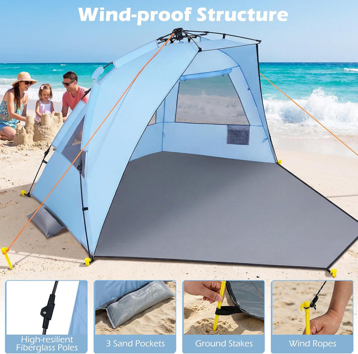 FANTASK Quick Up Strandmuschel, 3-4 Personen Strandzelt mit Reissverschlusstür &amp; 4 Mesh-Fenstern, V-
