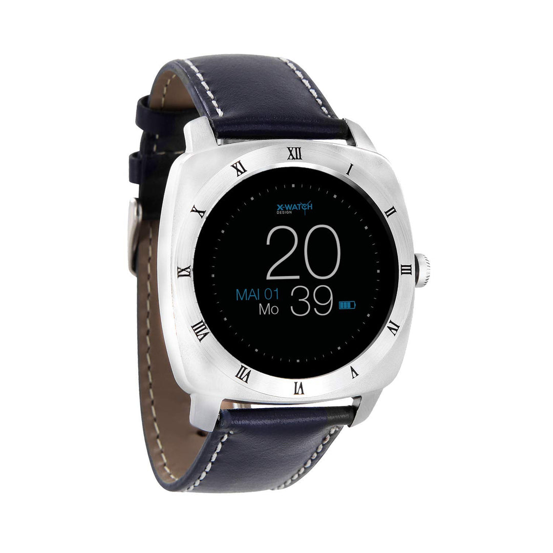 X-WATCH 54018 NARA XW PRO Herren Smartwatch, Apple iOS und Android kompatibel - Lederarmband Navy Bl
