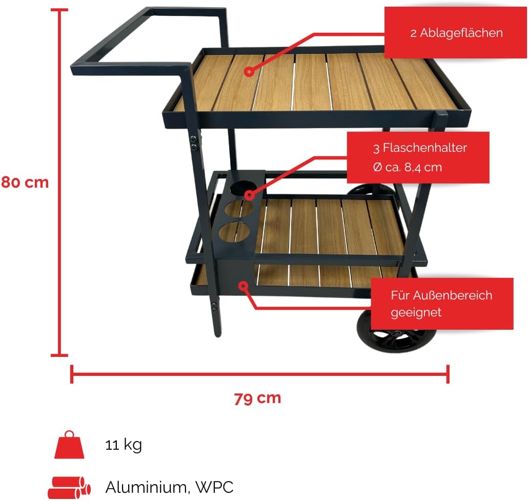 abc HOME | Outdoor Servierwagen WPC & Aluminium – Wetterfester Grillwagen mit Flaschenhalter – Garte