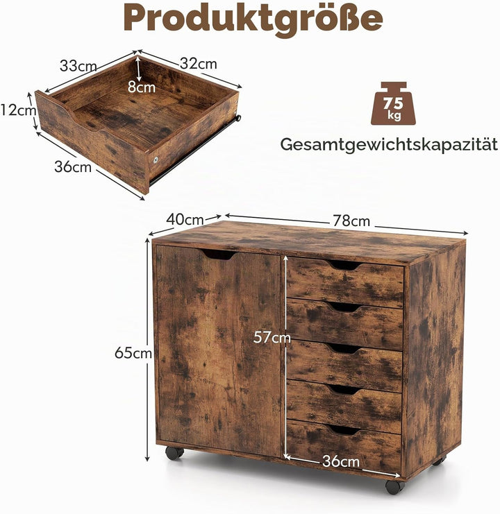 KOMFOTTEU Aktenschrank mit Rollen, Rollcontainer mit 5 Schubladen, Schubladenschrank Bürocontainer D