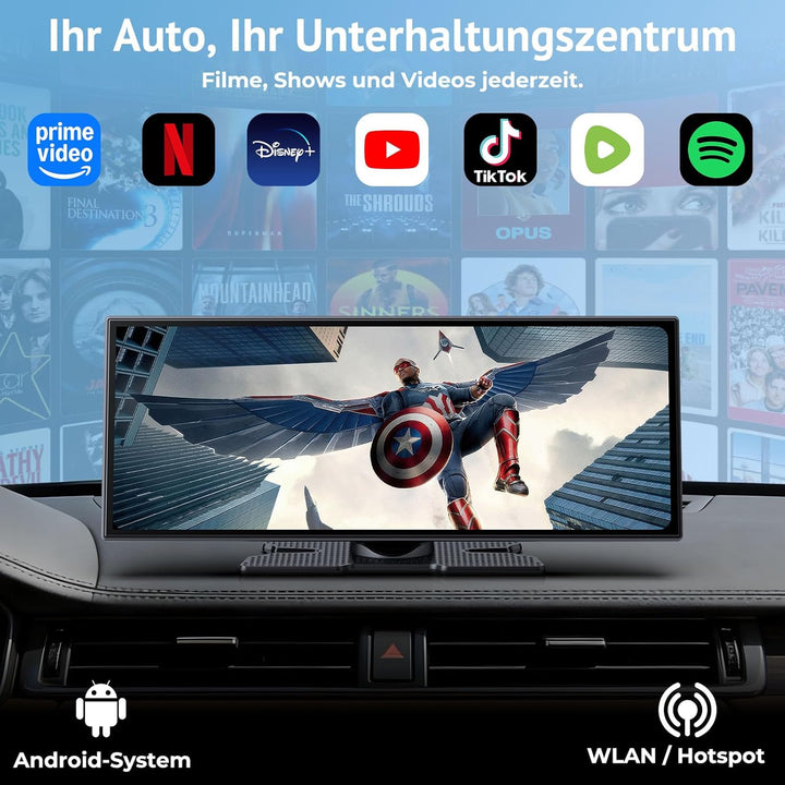 11,26" Wireless CarPlay Bildschirm,Tragbarer CarPlay & Android Auto Display,1080P Rückfahrkamera,Spl
