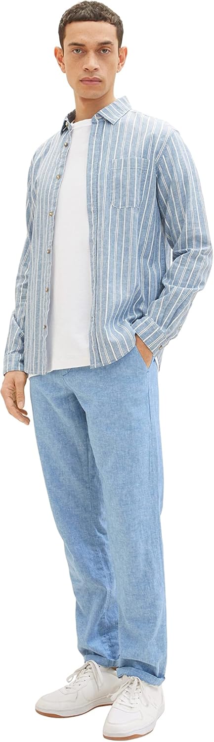 TOM TAILOR Herren Hemd mit Muster aus Leinen, 31246 - Blue Off White Navy Stripe
