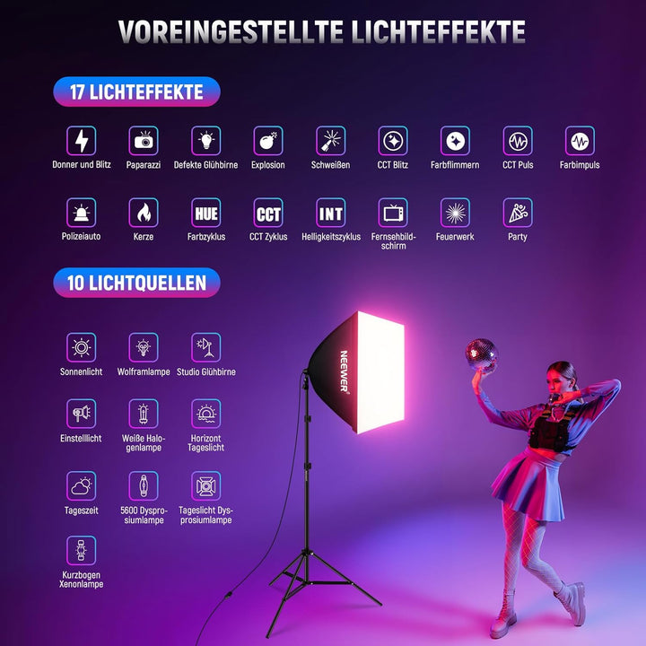 NEEWER RGB Softbox Beleuchtungsset mit App Steuerung und 9 Effektmodi, 2er Pack 24W CE/UKCA zertifiz