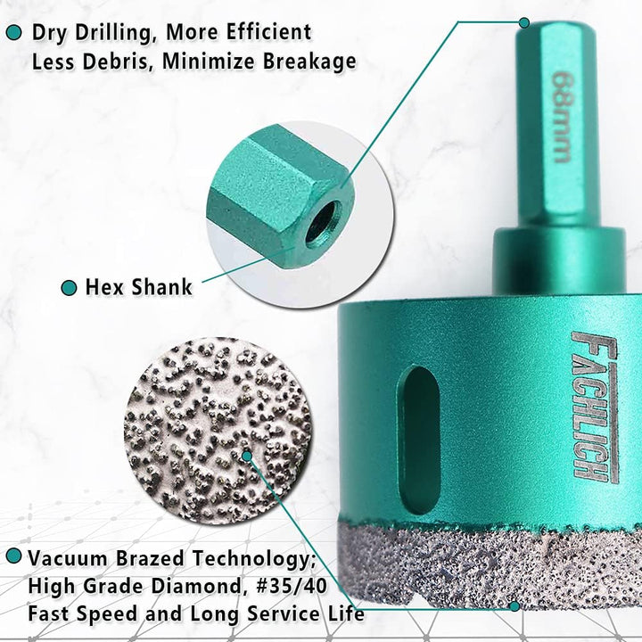 FACHLICH Diamant Fliesenbohrer 68mm Diamantbohrer Lochsäge mit Sechskantschaft für Porzellan Fliese