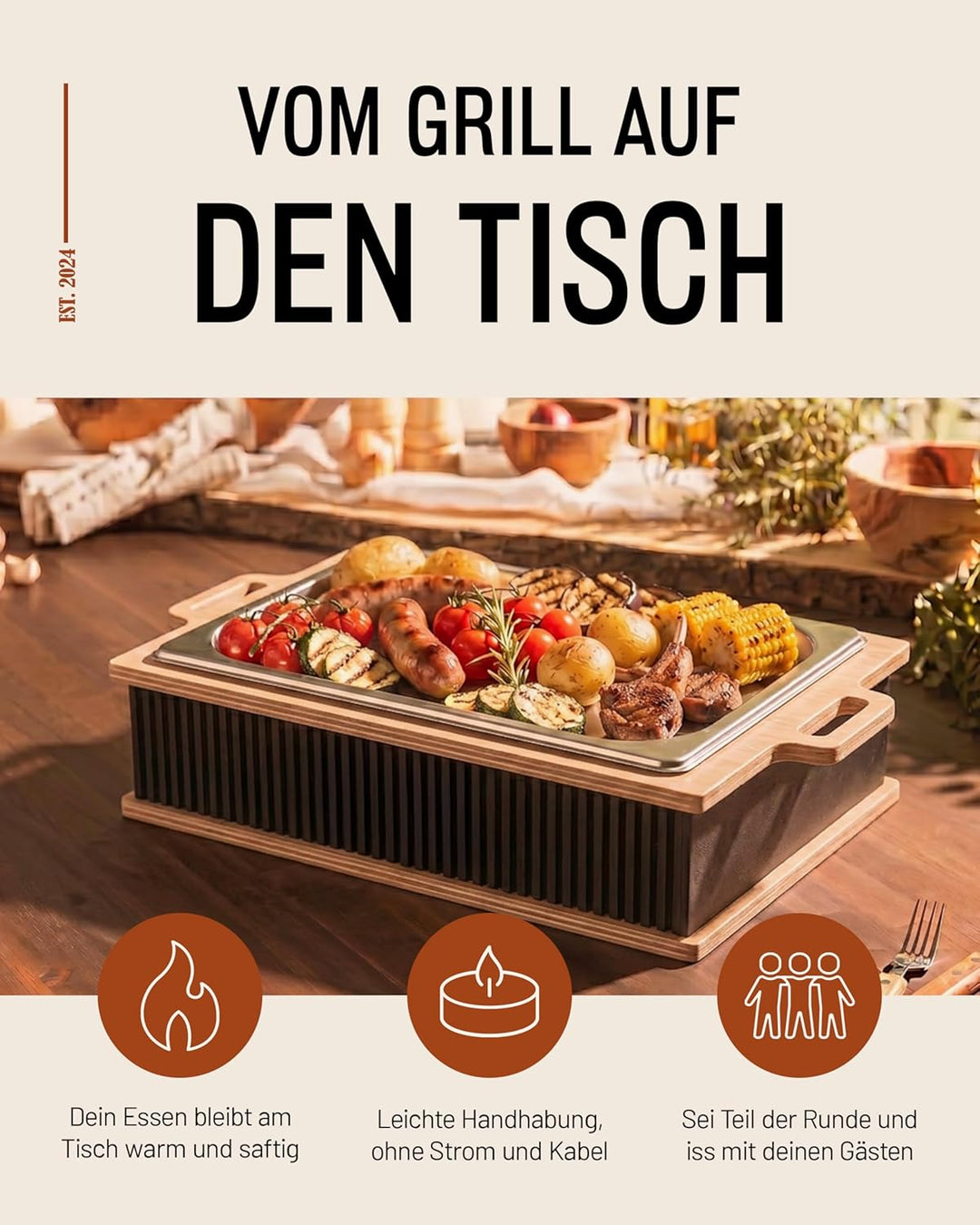 INEXTERIOR Hotty Legacy – Warmhalteplatte fürs Grillen - Grillgut Stövchen mit BBQ-Design – Speisenw