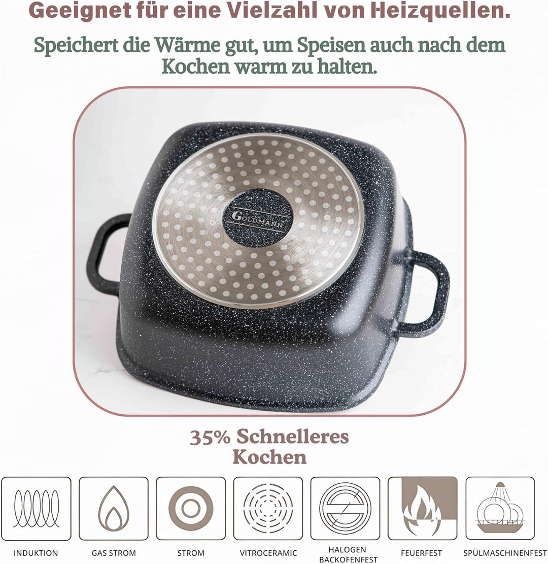 Goldmann 28cm Quadratischer Alu-Guss Bräter (6.5L) mit Glasdeckel, Keramik, Induktion, Aromaknopf, P