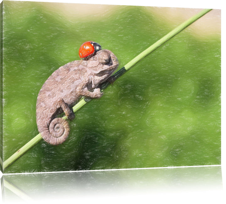 Pixxprint Süsser Gecko mit einem Marienkäfer als Leinwandbild/Grösse: 100x70 / Wandbild/Kunstdruck/f