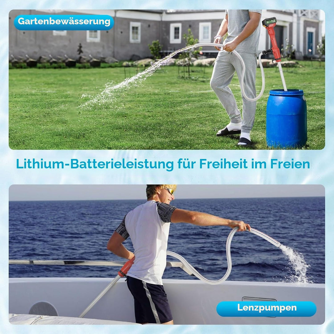 Akku-Regenfasspumpe, Kabellose Stangen Wasserpumpe mit 2 x 4,5 Ah Akku, 11000 U/min, 2725 L/H Förder