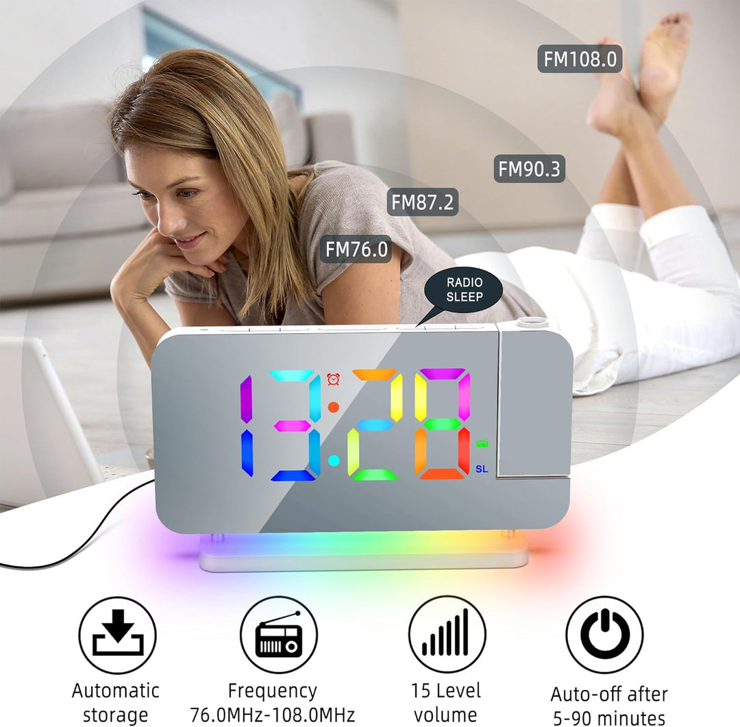 Lancoon Digitaler Wecker mit 180° Projektion Funkuhr 11 RGB Farbdisplay 10 Farben Nachtlicht 15 Stuf