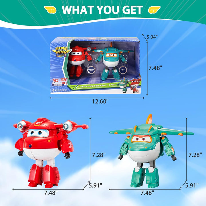 Super Wings 5" Transforming Characters 2-Pack Transforming Supercharged Jett + Tino, Transformer Spi