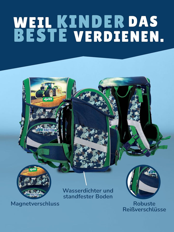 Familando - Schulranzen Set - 9-teilig mit Schultüte - Traktor - Ergonomisch, stabil & mit gepolster