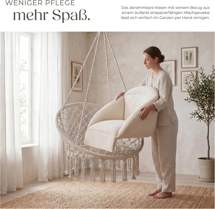 tectake® Hängesessel, Hängeschaukel mit dicken Kissen & Quasten, Boho Hängekorb Ø 80 cm, Hängesessel