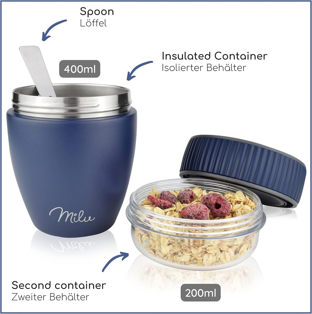 Milu Müslibecher to go 400ml I isolierter Edelstahl Joghurtbecher für Müsli I auslaufsicherer Becher
