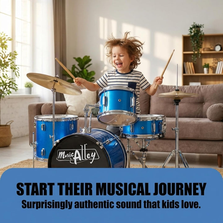 Music Alley Junior Drum Kit for Kids with Kick Drum Pedal, Drum Stool & Drum Sticks - Blue Blue Sing
