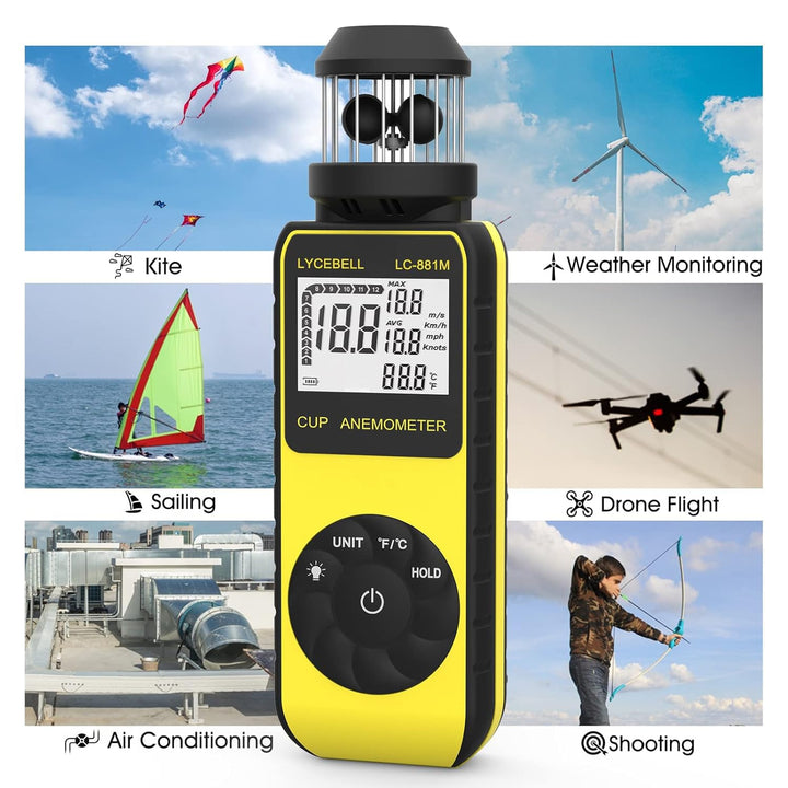 LYCEBELL Windmesser Windmessgerät, Handheld Digitaler Anemometer, Misst Windgeschwindigkeit Luftfeuc