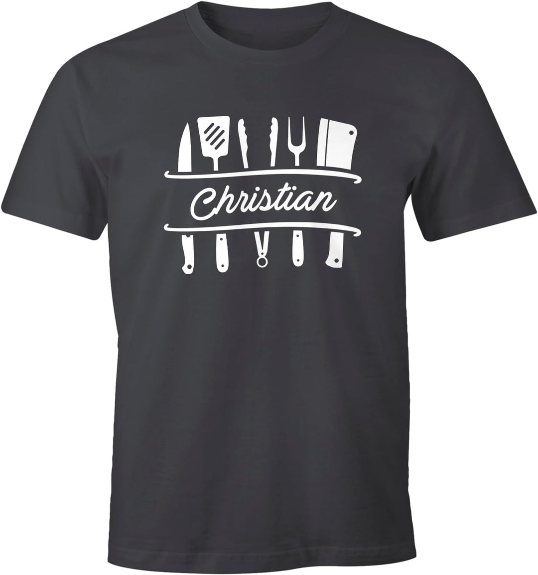 MoonWorks® Herren T-Shirt Grillen personalisiert eigener Name Grillbesteck Geburtstag Geschenk für M