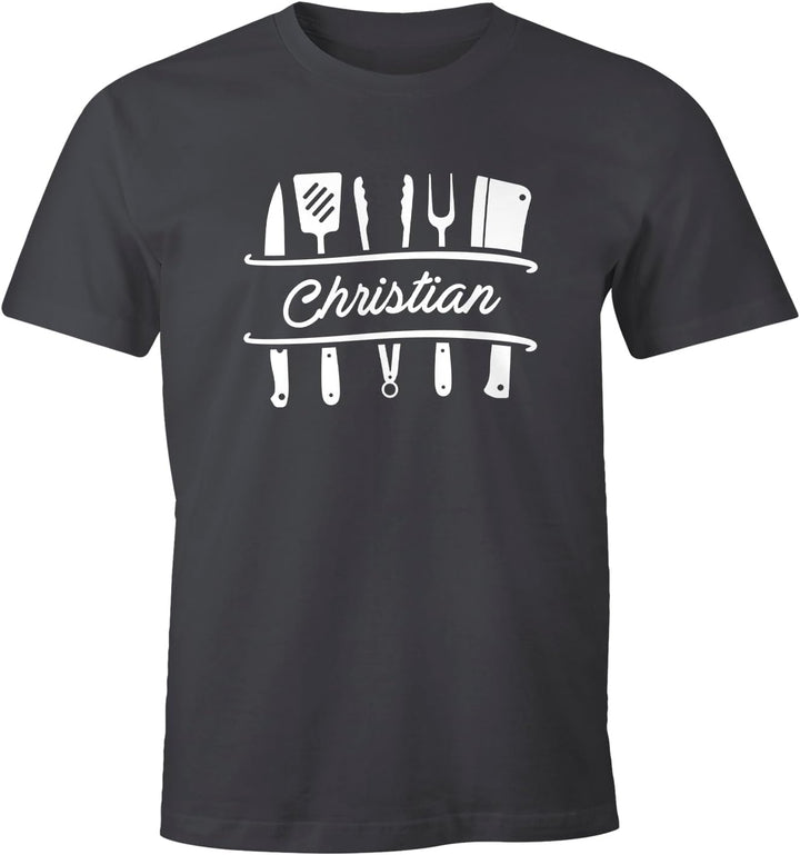 MoonWorks® Herren T-Shirt Grillen personalisiert eigener Name Grillbesteck Geburtstag Geschenk für M