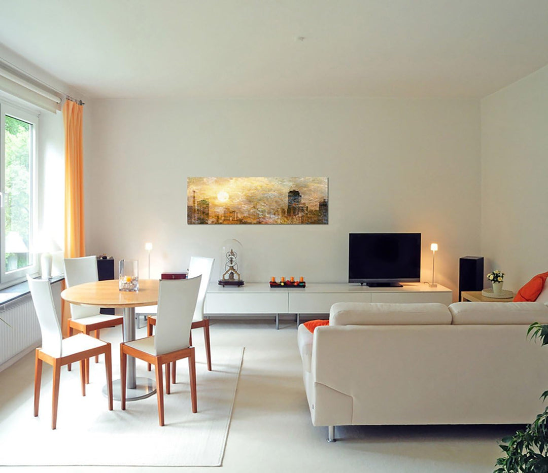 Paul Sinus Art Panoramabild auf Leinwand und Keilrahmen 150x50cm Stadt Wasser Sonne Wolken