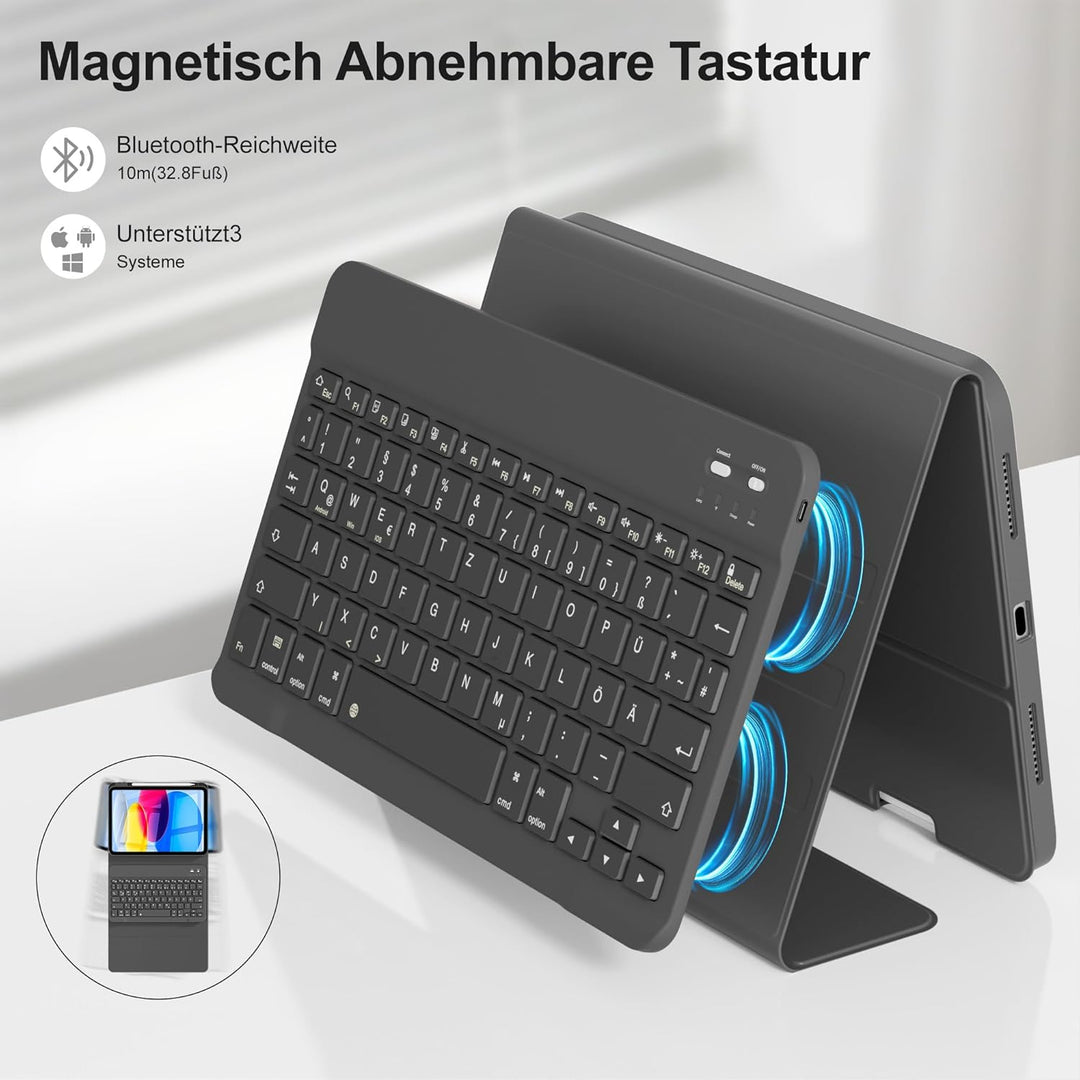 Hülle mit Tastatur für iPad A16 11 Generation2025/10 Generation 2022, (11/10.9 Zoll), 7-farbige Magn